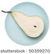 stock photo sliced pear on a blue plate isolated on white with a clipping path 50359270